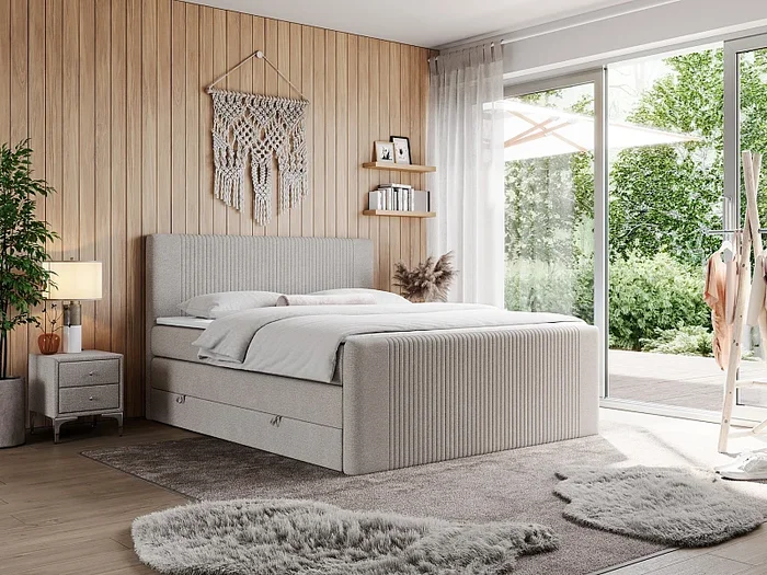 Boxspringbett DOREN KING – mit gesteppter Front und Kopfteil, zwei Multipocket-Matratzen und Topper, Doppelbett – 140×200 cm – H4 – Beige Strukture
