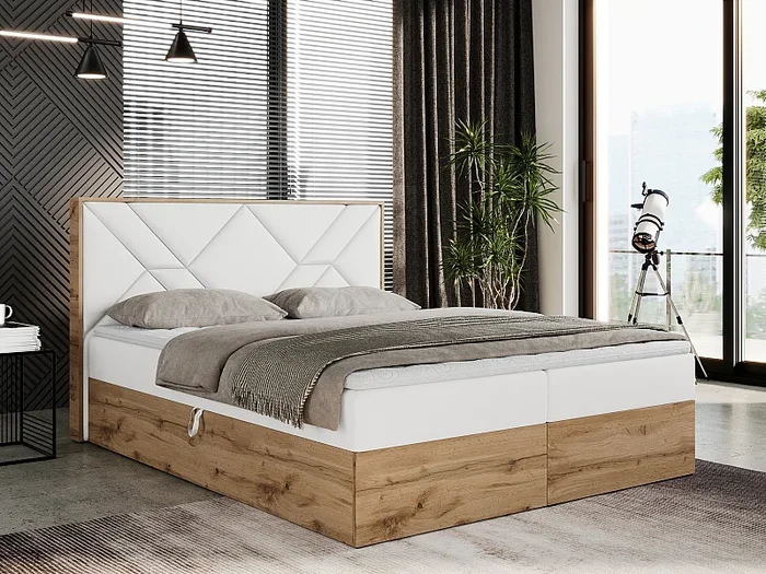 Boxspringbett GUNAR – gepolster kopfteil, Doppelbett mit Multipocket-Matratze, zwei Bettkästen – 140×200 cm – H4 – Weiß Kunstleder