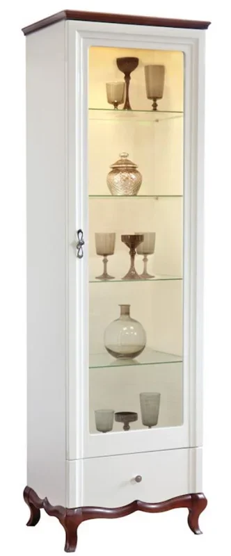 Casa Padrino Luxus Art Deco Vitrinenschrank Weiß / Dunkelbraun 64 x 46,5 x H. 209,5 cm – Beleuchteter Wohnzimmerschrank mit Glastür und Schublade – Wohnzimmermöbel
