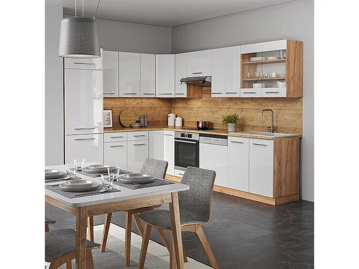Eckküche weiß hochglanz/goldkraft eiche 287x46x81.6 fame-line