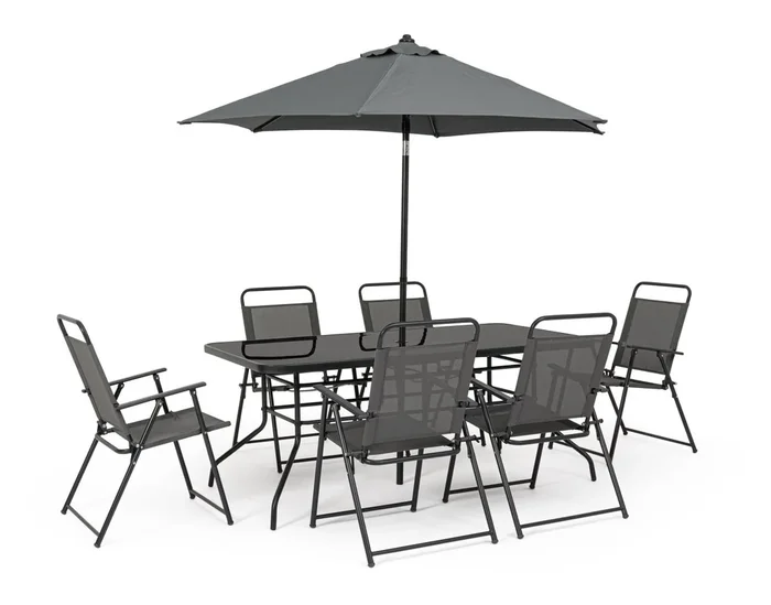 Garten-Set Pompei aus Metall, klassisch, anthrazit, mit Tischplatte aus Glas und Sonnenschirm