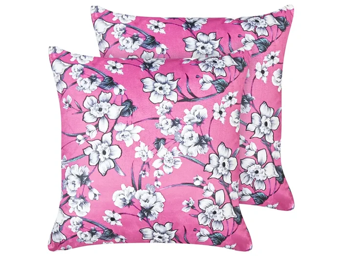 Set of 2 Decorative Cushions KOELERIA Velvet 45 x 45 cm Fuchsia Pink Floral Pattern